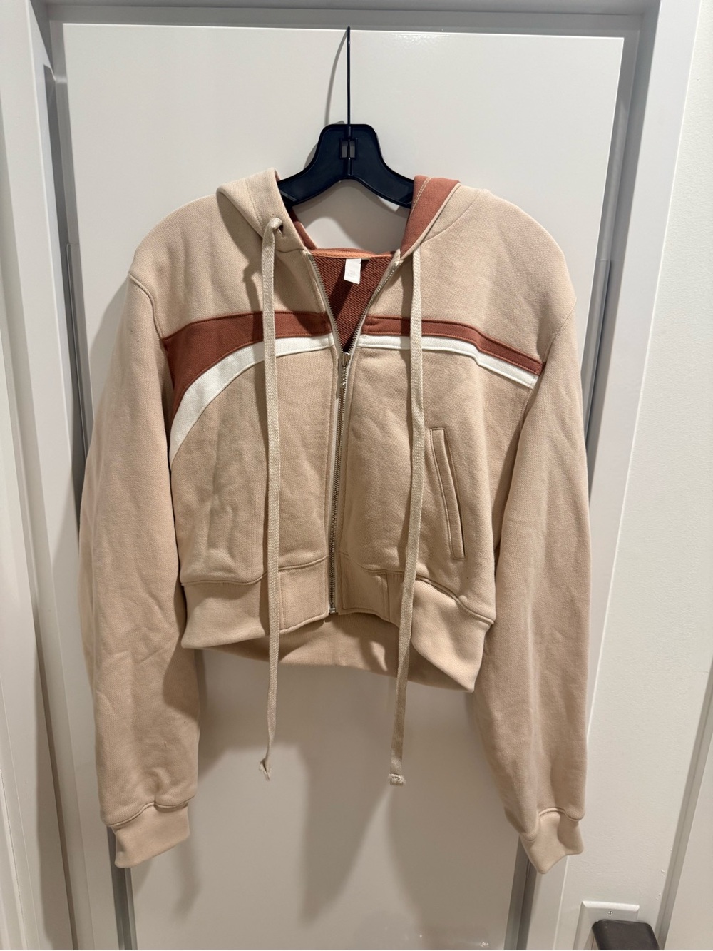Kijun Cropped Beige Hooded Zip-Up Sweatshirt with Rust and White Stripe
